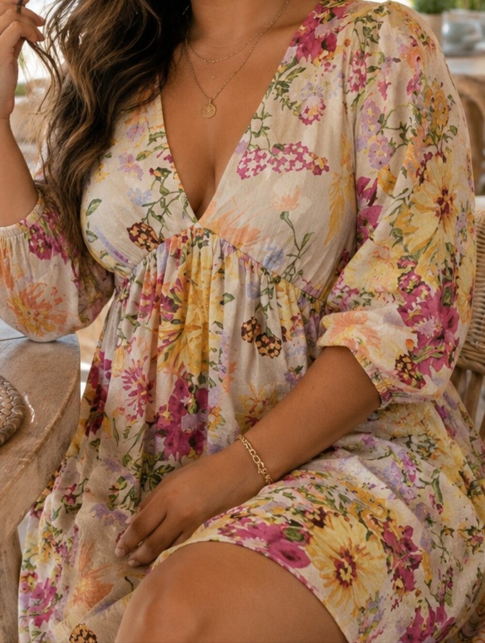 H&M Floral V-Neck W/ Sleeve Mini Dress - Yellow/Multi